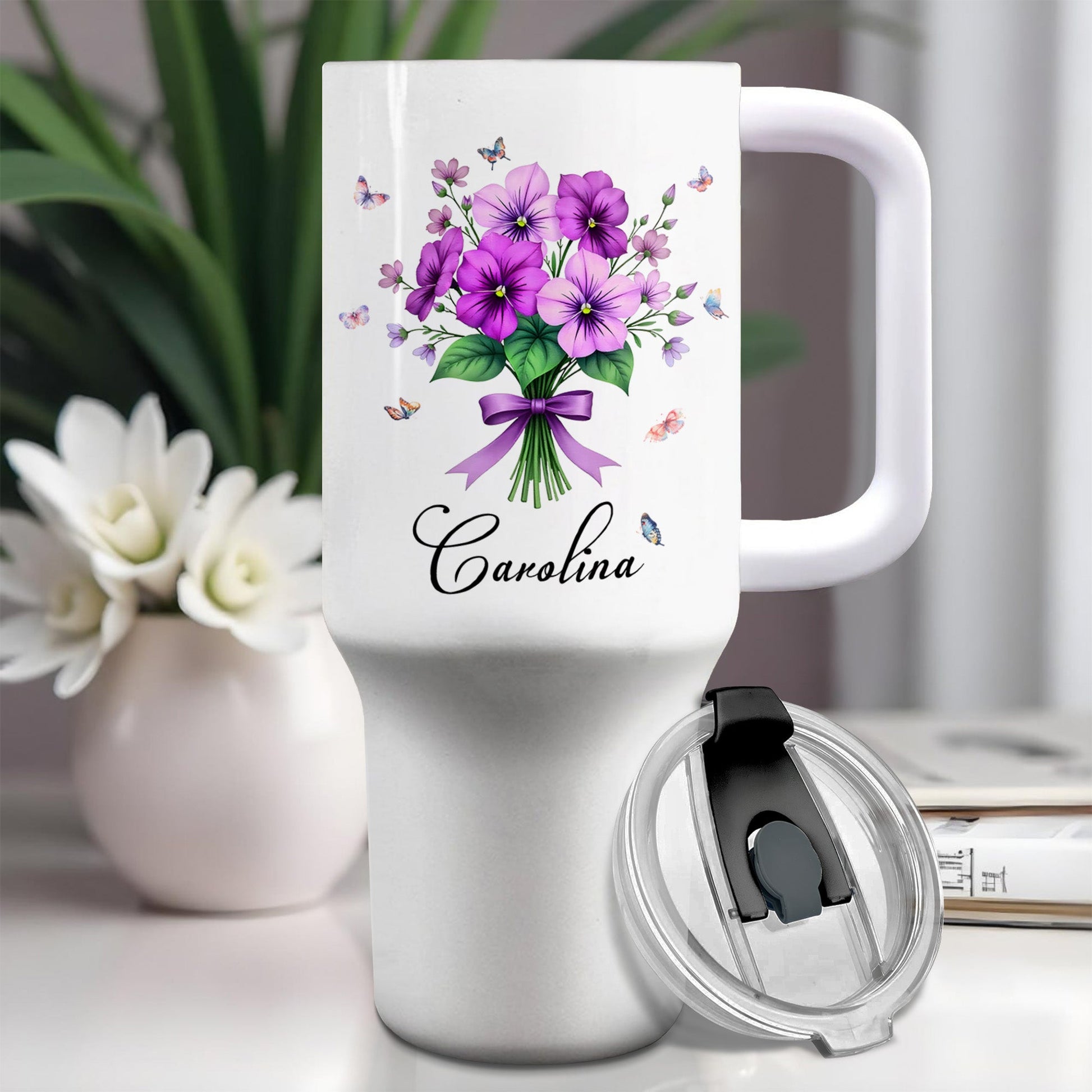 Vibrant Floral Design Tumbler With Butterflies And Elegant Ribbons