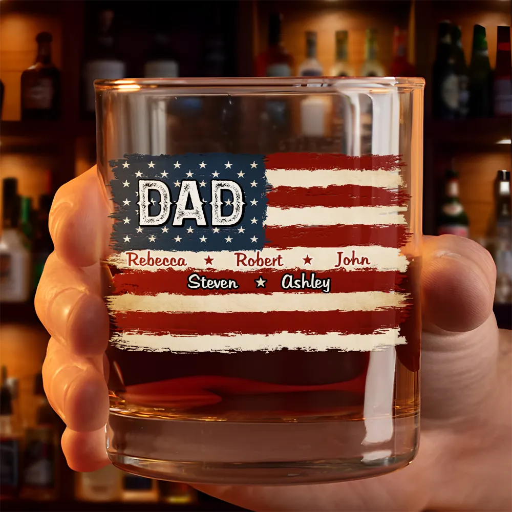 Custom whiskey glass for dad featuring a distressed American flag design personalized with children's names