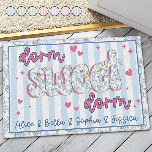 Personalized doormat for dorm featuring 'Dorm Sweet Dorm' text and customizable roommate names.