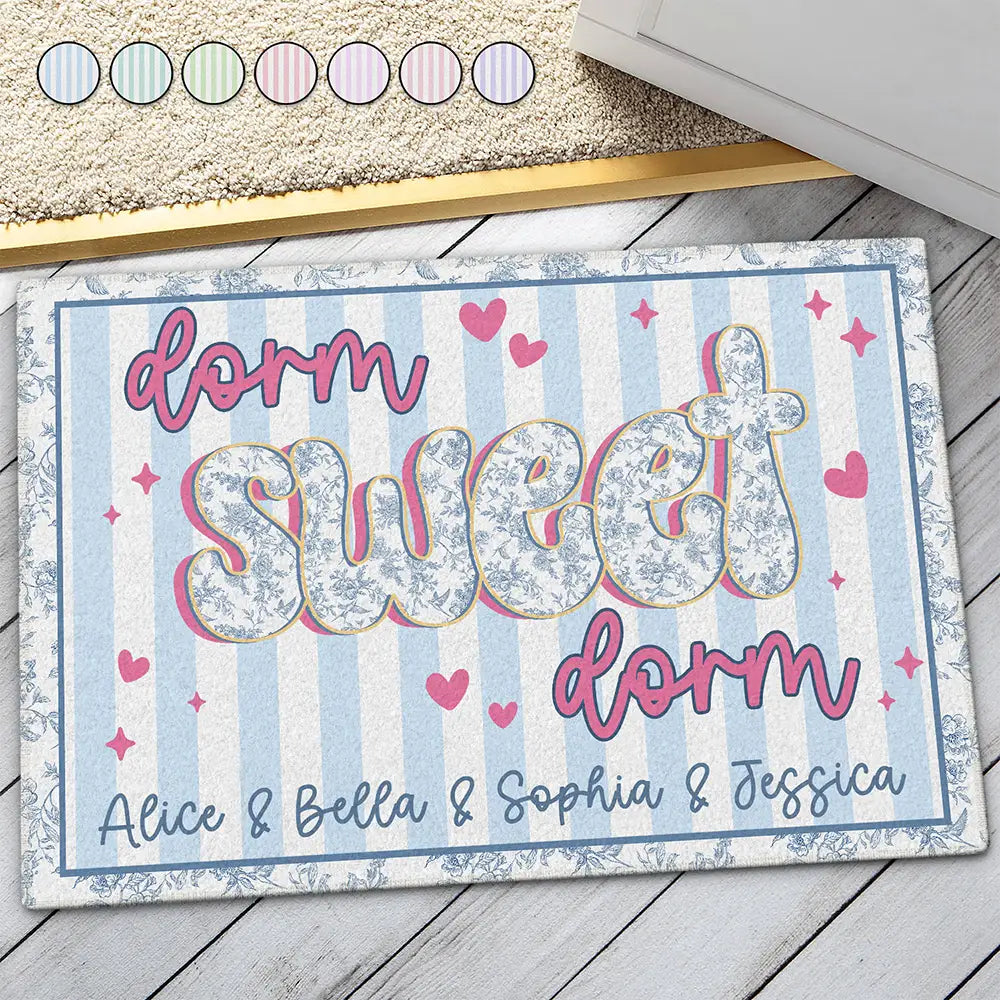 Personalized doormat for dorm featuring 'Dorm Sweet Dorm' text and customizable roommate names.