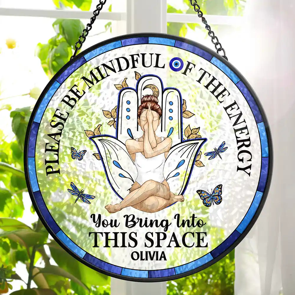 Gift For Yourself, Gift For Women, Yoga, Happy - Evil Eye Be Mindful Of The Energy - Personalized Stained Glass Window Hanging Suncatcher