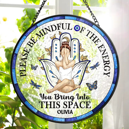 Gift For Yourself, Gift For Women, Yoga, Happy - Evil Eye Be Mindful Of The Energy - Personalized Stained Glass Window Hanging Suncatcher