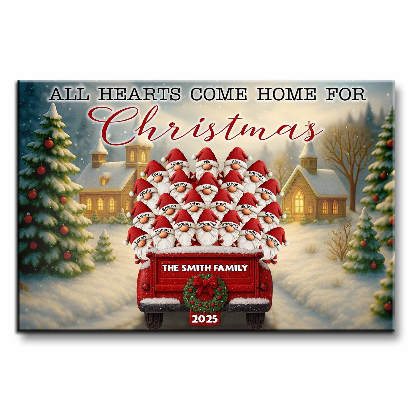 All Hearts Come Home For Christmas With Santa Hats and Red Pickup Truck