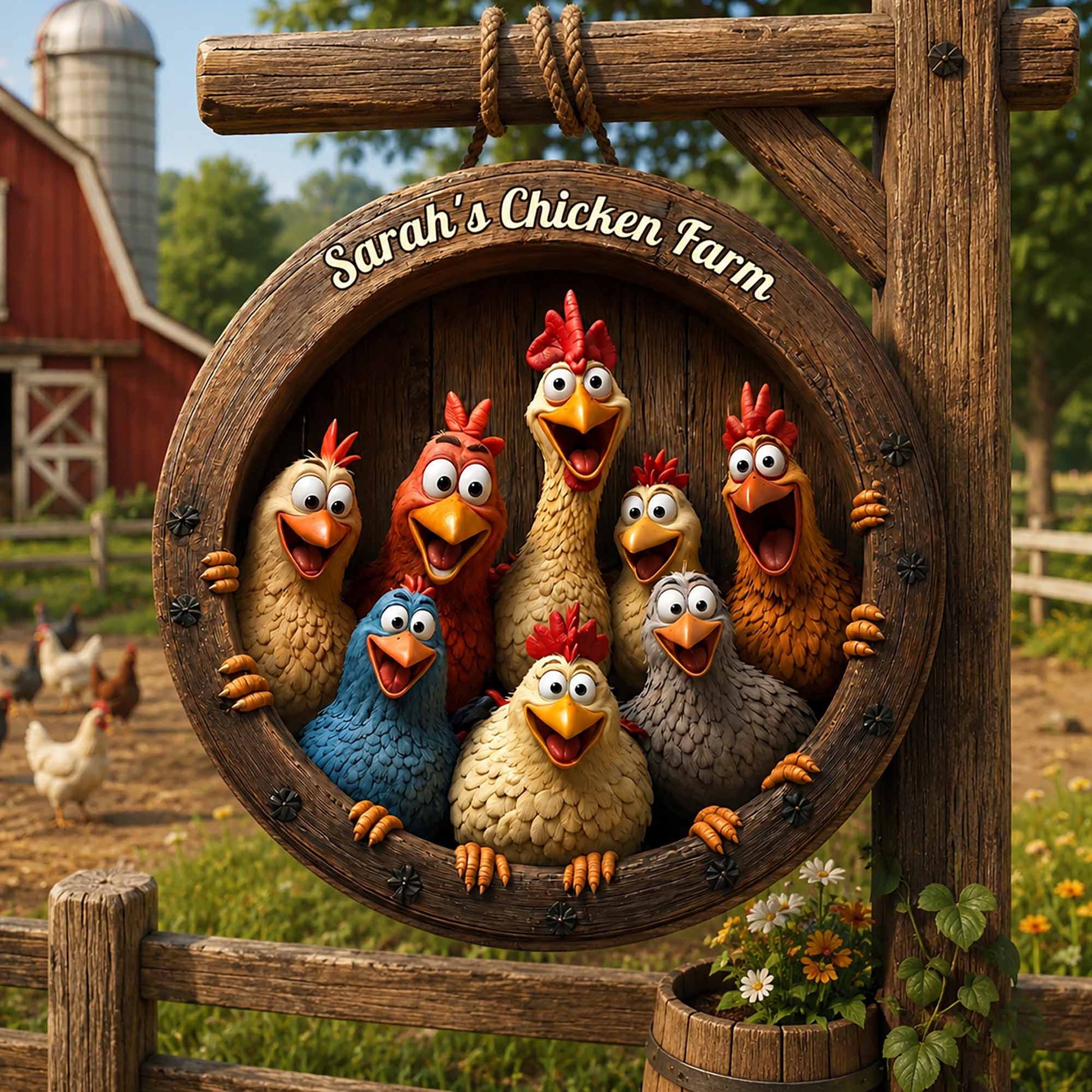 Personalized chicken farm wood sign featuring funny cartoon chickens peaking out of a barrel for rustic farmhouse decor