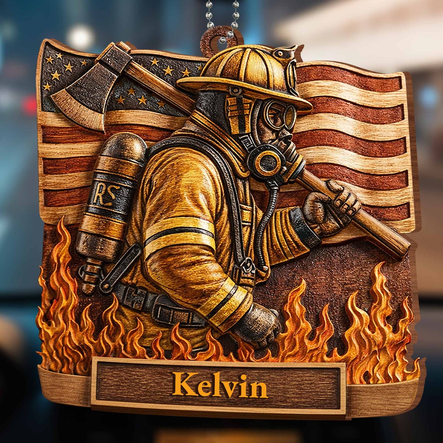 Brave Firefighter With American Flag And Vivid Flames