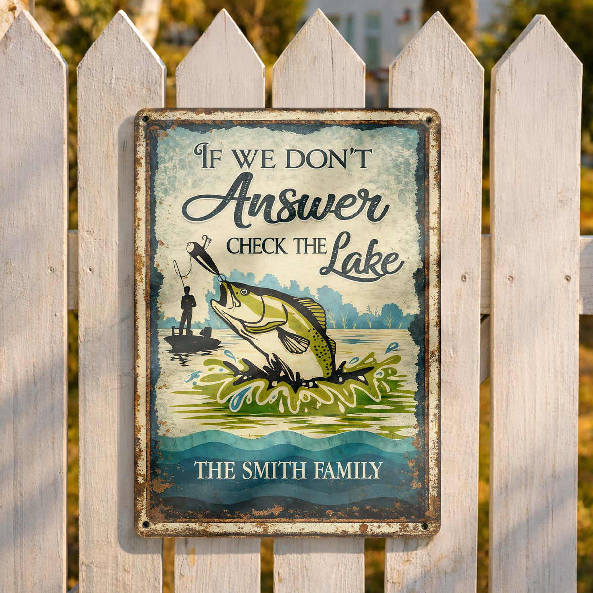 "If We Don't Answer Check The Lake" Personalized Metal Sign - Cabin Decor for Fisherman Dad