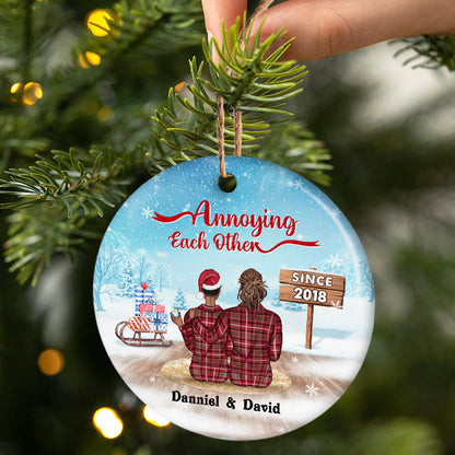 Christmas Family Couple Annoying Each Other Since - Personalized Custom Circle Ceramic Ornament