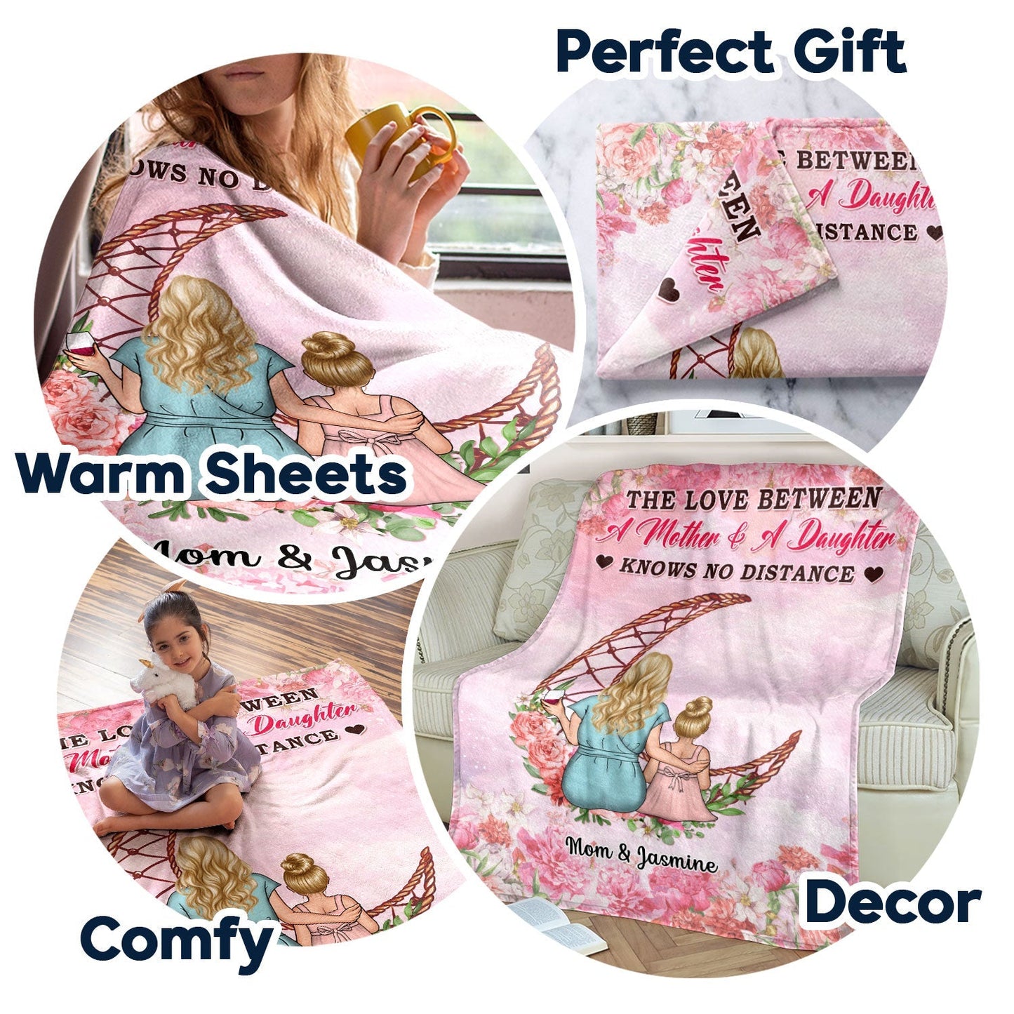 Mother Daughter Love Bridges Any Distance - Personalized Fleece Blanket - Cherished Mom Gift