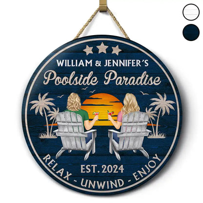 Poolside Paradise - Personalized Wood Circle Sign