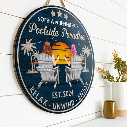 Poolside Paradise - Personalized Wood Circle Sign