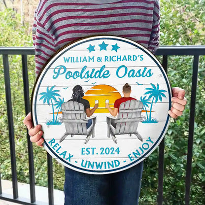 Poolside Paradise - Personalized Wood Circle Sign