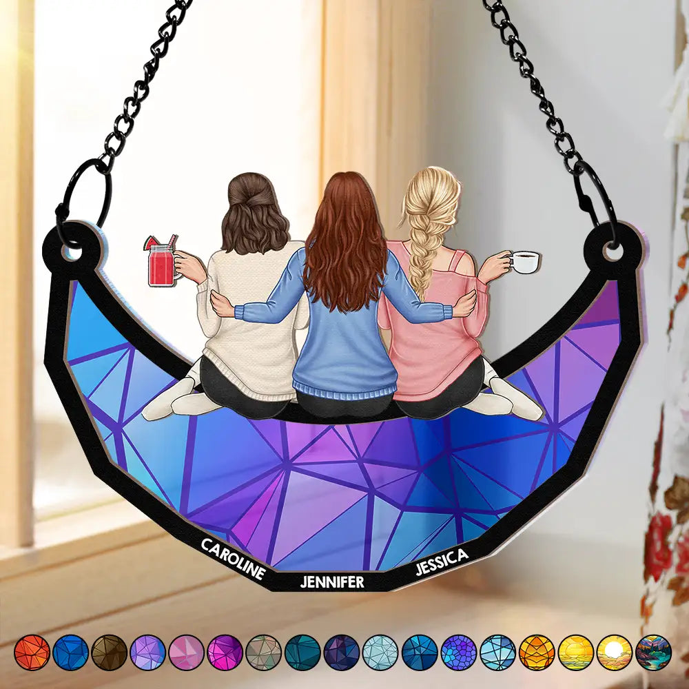 Besties Friends Sitting On The Moon - Personalized Window Hanging Suncatcher Ornament