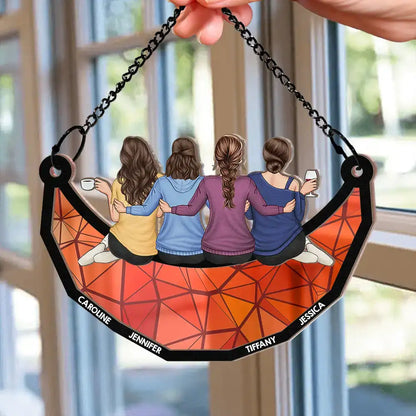 Besties Friends Sitting On The Moon - Personalized Window Hanging Suncatcher Ornament