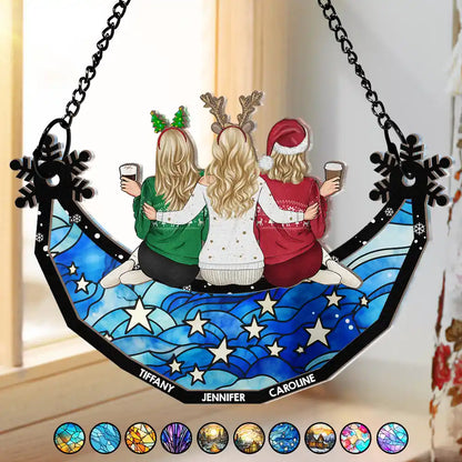 Besties Friends Sisters Sitting Together Snowflakes - Personalized Window Hanging Suncatcher Ornament