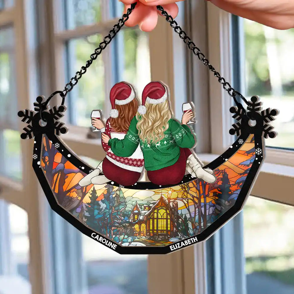 Besties Friends Sisters Sitting Together Snowflakes - Personalized Window Hanging Suncatcher Ornament