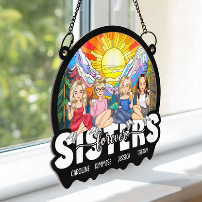 Cartoon Besties Friends Sitting Together - Personalized Window Hanging Suncatcher Ornament