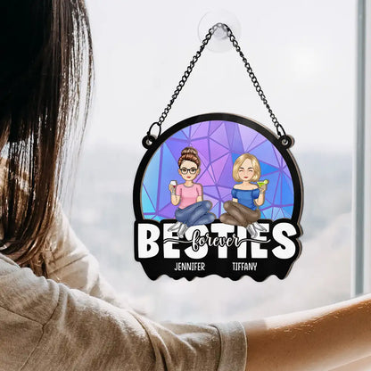 Cartoon Besties Friends Sitting Together - Personalized Window Hanging Suncatcher Ornament