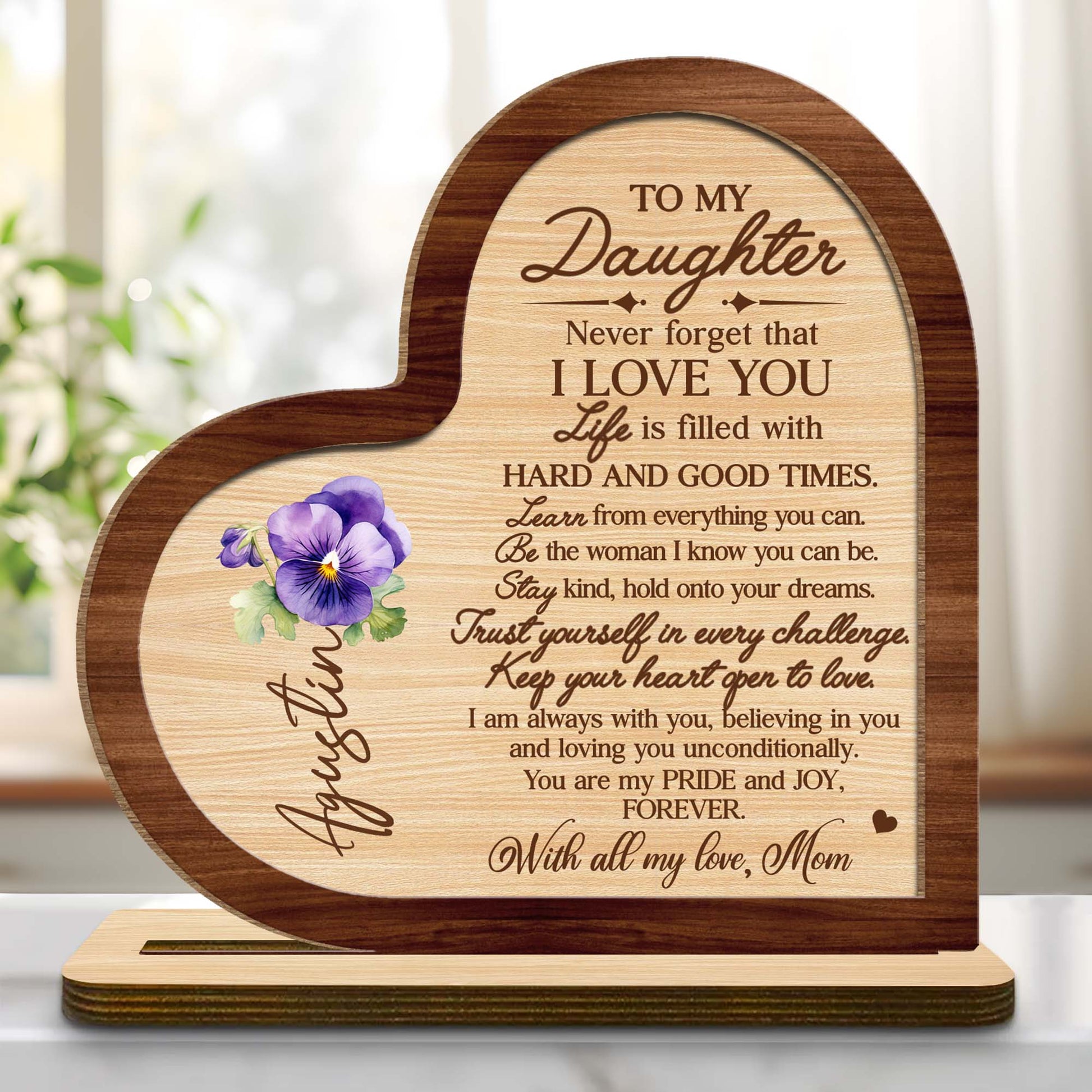 Forever Loving Message To Daughter - Personalized Custom Heart And Pansy 2-Layer Wood Plaque