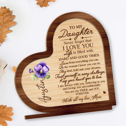 Forever Loving Message To Daughter - Personalized Custom Heart And Pansy 2-Layer Wood Plaque