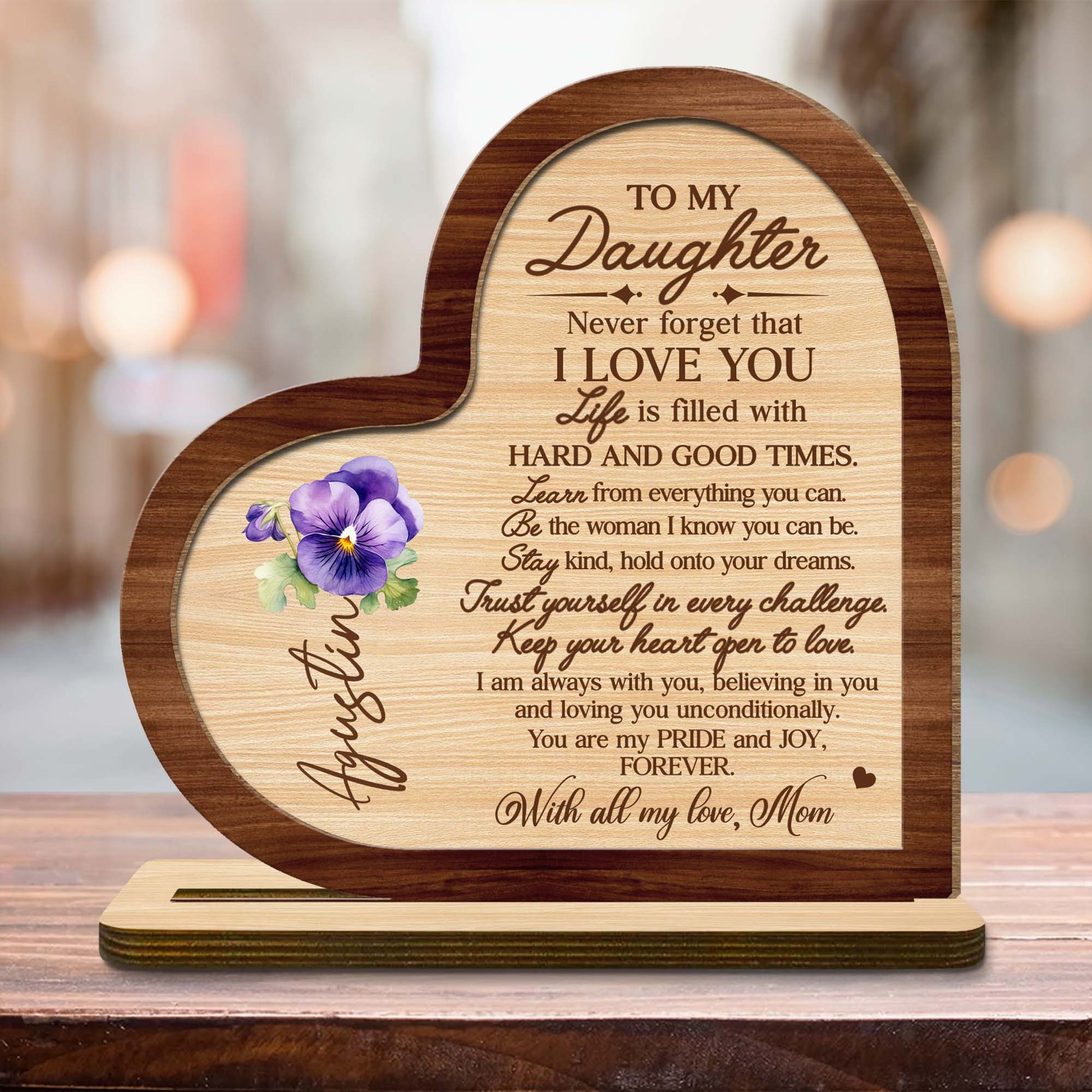 Forever Loving Message To Daughter - Personalized Custom Heart And Pansy 2-Layer Wood Plaque