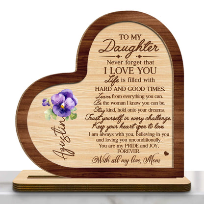 Forever Loving Message To Daughter - Personalized Custom Heart And Pansy 2-Layer Wood Plaque
