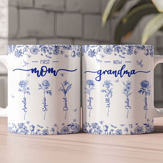 First Mom Now Grandma - Personalized Custom Birth Flower Toile De Jouy Mug