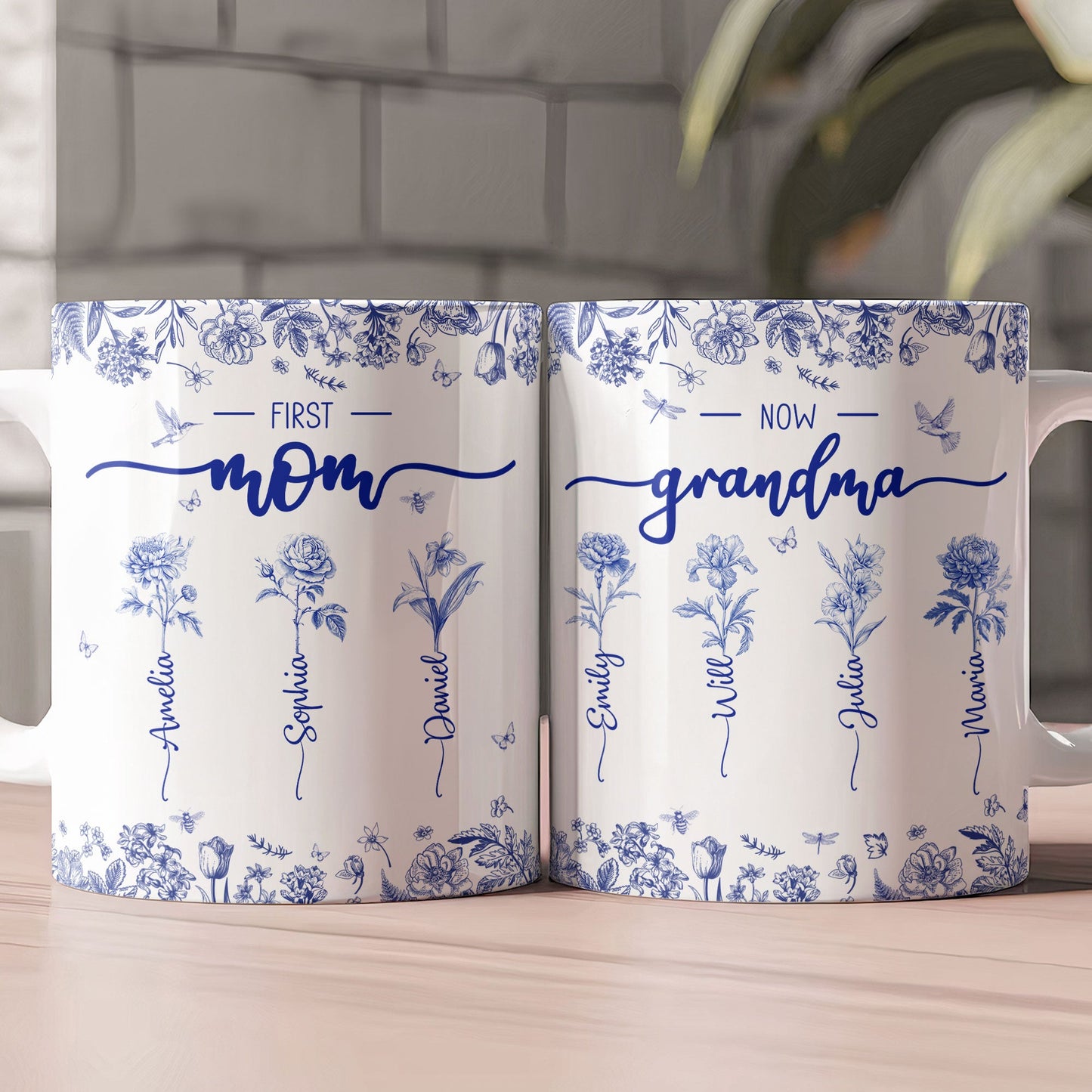 First Mom Now Grandma - Personalized Custom Birth Flower Toile De Jouy Mug