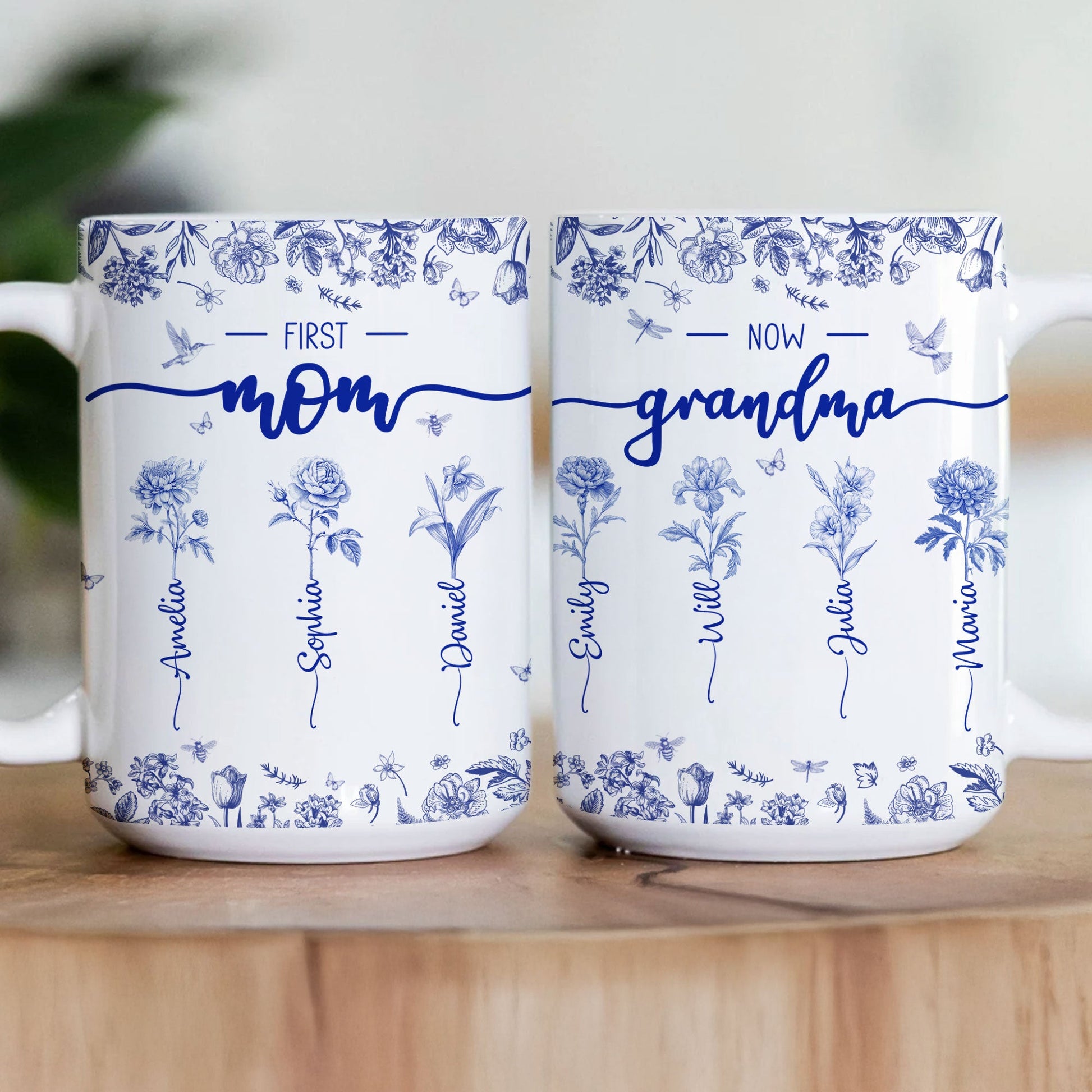 First Mom Now Grandma - Personalized Custom Birth Flower Toile De Jouy Mug
