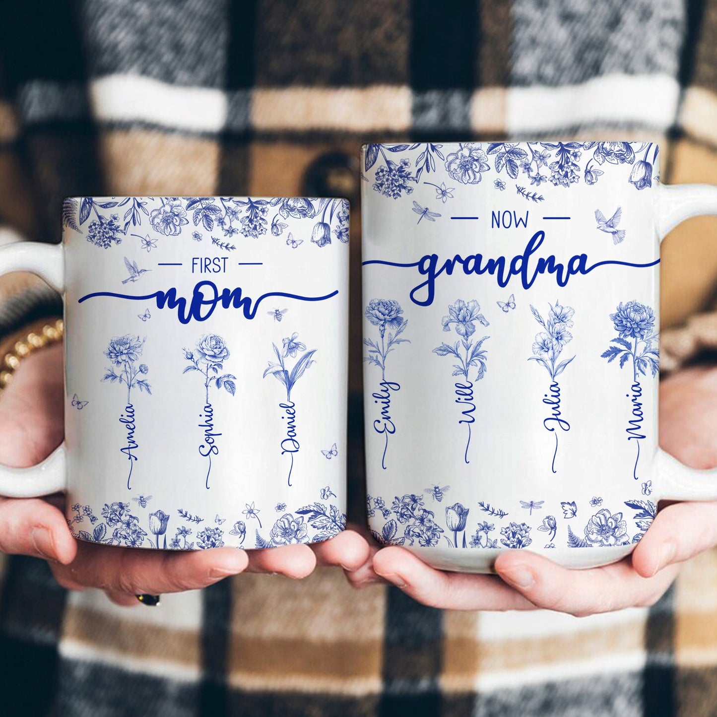 First Mom Now Grandma - Personalized Custom Birth Flower Toile De Jouy Mug