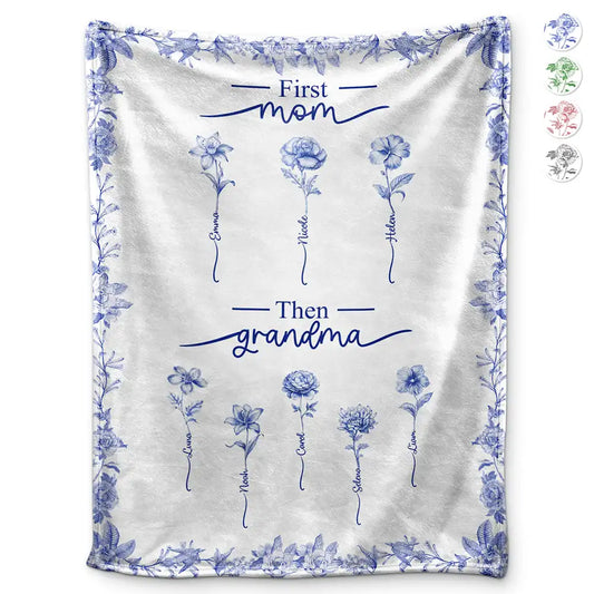 Christmas,Grandma - Grandkids,Gift For Grandma,Happy - First Mom Then Grandma Birth Month Flower Chinoiserie Toile - Personalized Fleece Blanket, Sherpa Blanket