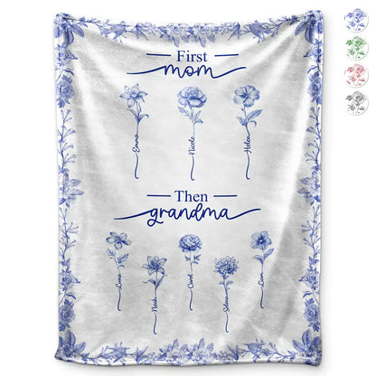 Christmas,Grandma - Grandkids,Gift For Grandma,Happy - First Mom Then Grandma Birth Month Flower Chinoiserie Toile - Personalized Fleece Blanket, Sherpa Blanket