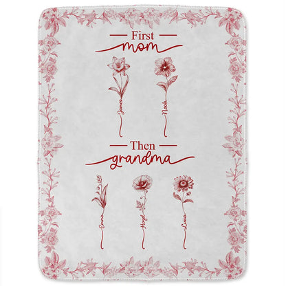 Christmas,Grandma - Grandkids,Gift For Grandma,Happy - First Mom Then Grandma Birth Month Flower Chinoiserie Toile - Personalized Fleece Blanket, Sherpa Blanket