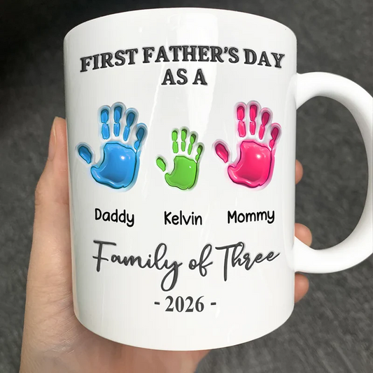 Personalized First Father's Day mug with custom handprints and family names - unique 3D inflated effect ceramic coffee cup