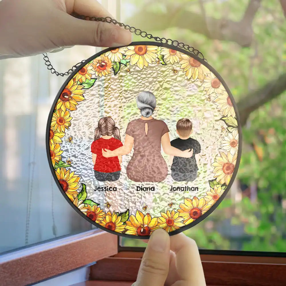 Gift For Wife,Gift For Women,Gift For Yourself,Gift For Mother,Gift For Aunt,Gift For Grandma,Gift For Daughter,Gift For Sisters,Single Mom,Mom - Daughters (Adult),Mom - Daughters (Young),Mom - Sons,Mom - Children,Grandma - Grandkids,Love - Floral Frame Grandma Mother And Children - Personalized Stained Glass Window Hanging Suncatcher