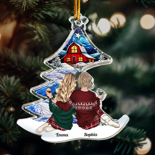 Friends Besties, Family Sitting Under Christmas Tree - Personalized Acrylic Ornament