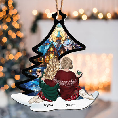 Friends Besties, Family Sitting Under Christmas Tree - Personalized Wood And Acrylic Ornament