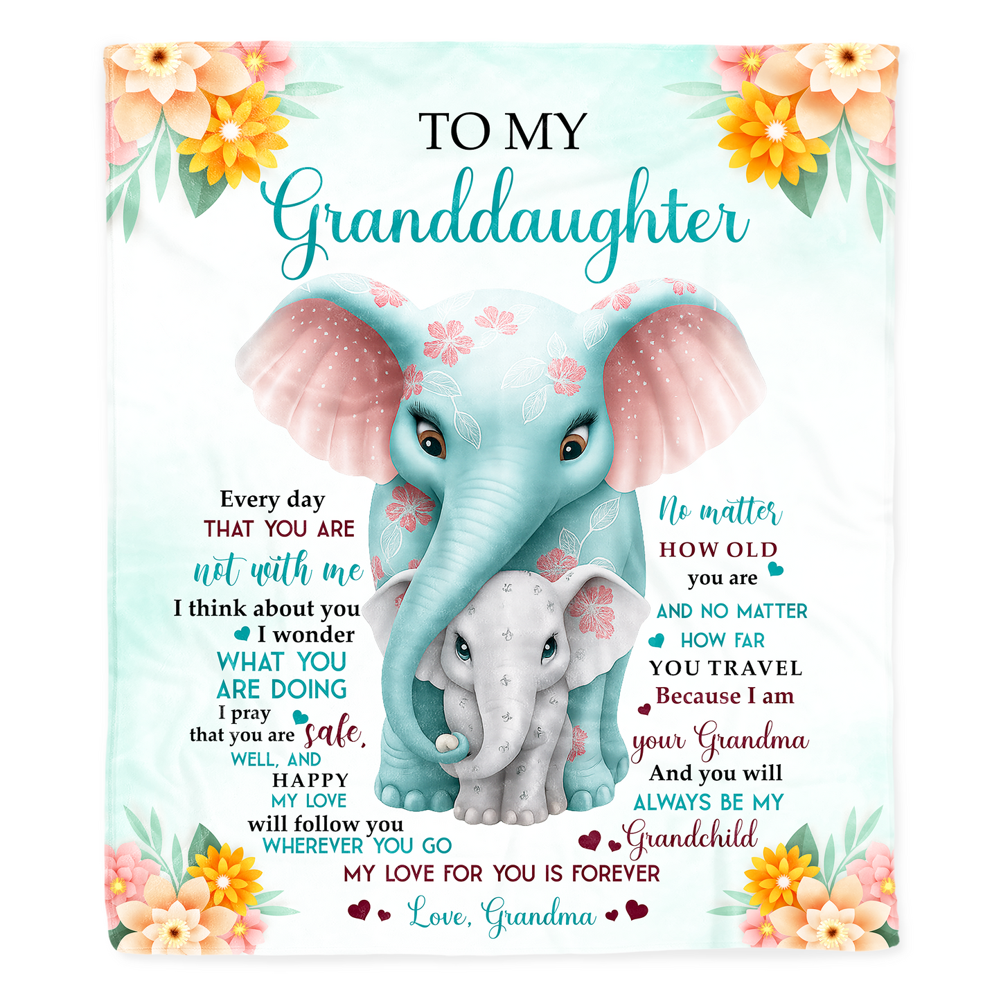 To My Granddaughter,Love & Blessings - Personalized Elephant & Flowers Blanket