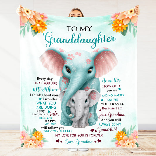 To My Granddaughter,Love & Blessings - Personalized Elephant & Flowers Blanket