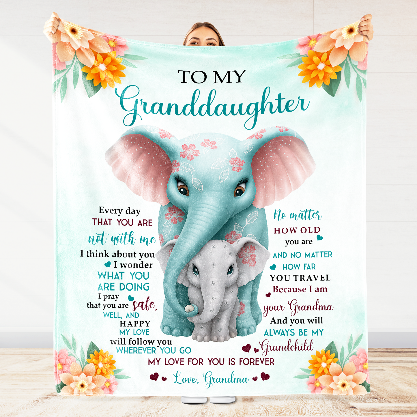 To My Granddaughter,Love & Blessings - Personalized Elephant & Flowers Blanket