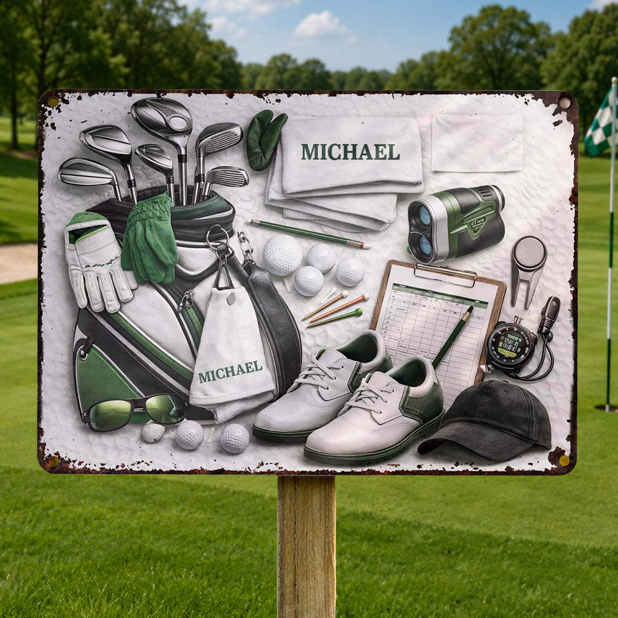 Personalized golf metal sign featuring custom name Michael with golf bag and clubs - unique gift for golfers