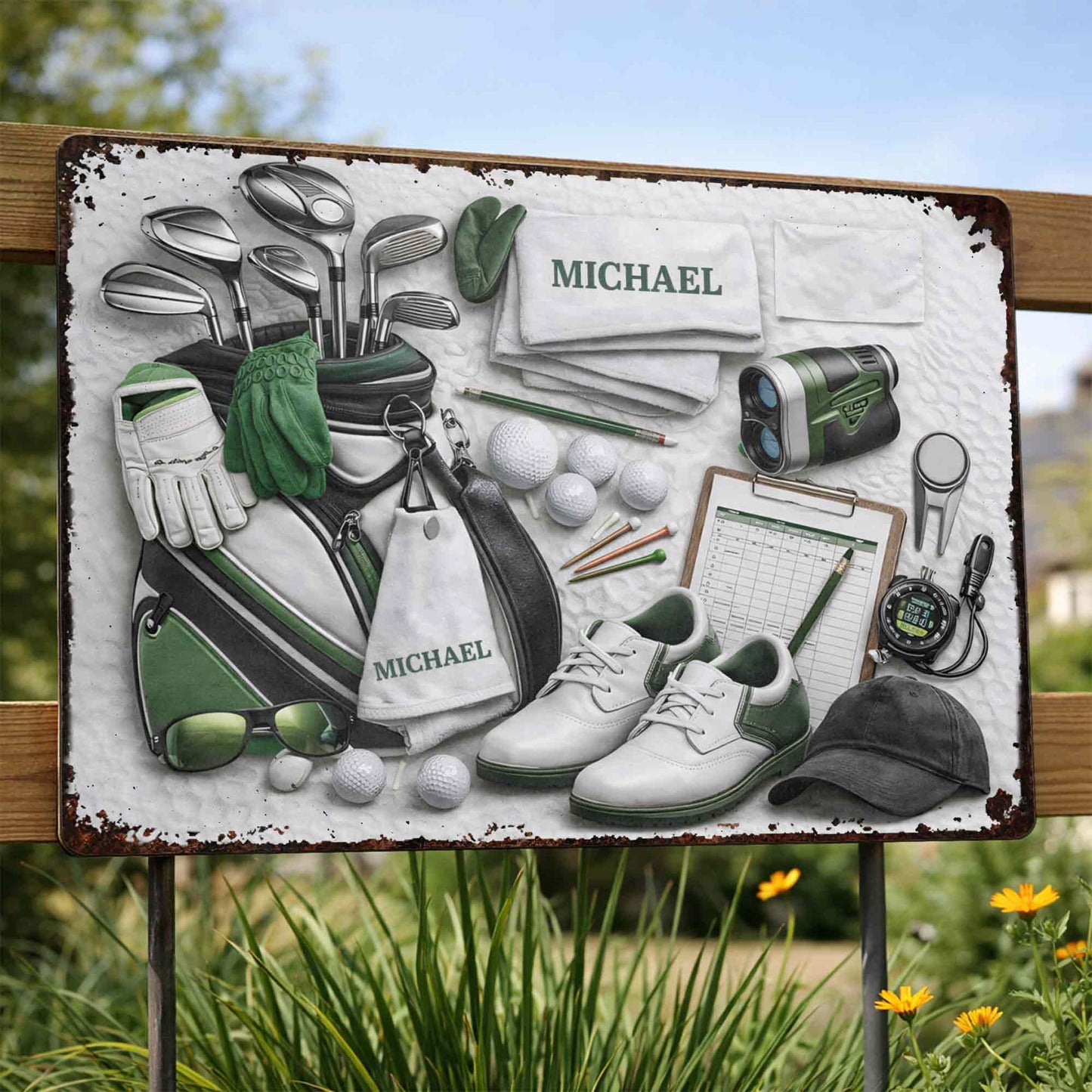 Personalized golf metal sign featuring custom name Michael with golf bag and clubs - unique gift for golfers image 7