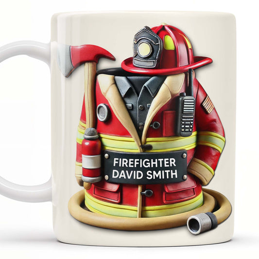 Personalized firefighter coffee mug featuring red turnout gear, helmet, and custom nameplate for David Smith