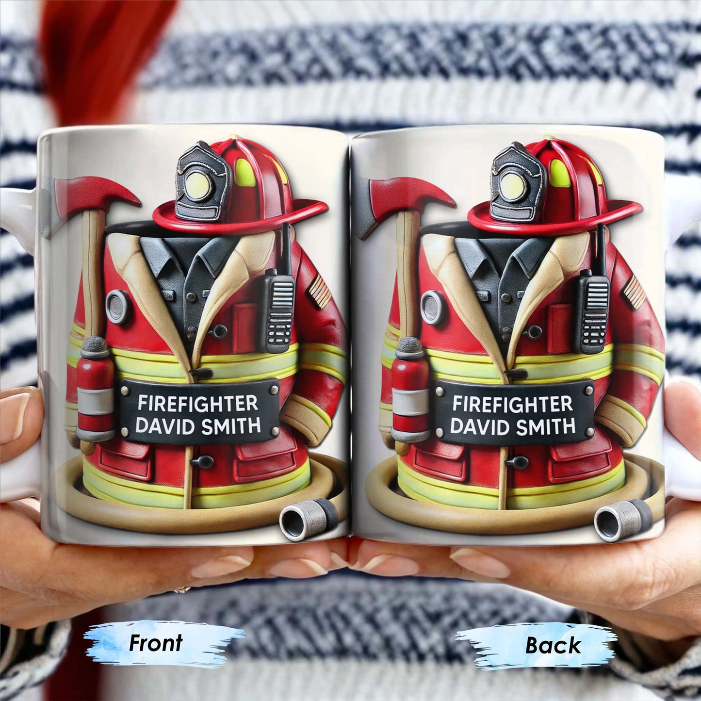 Personalized firefighter coffee mug featuring red turnout gear, helmet, and custom nameplate for David Smith image 8