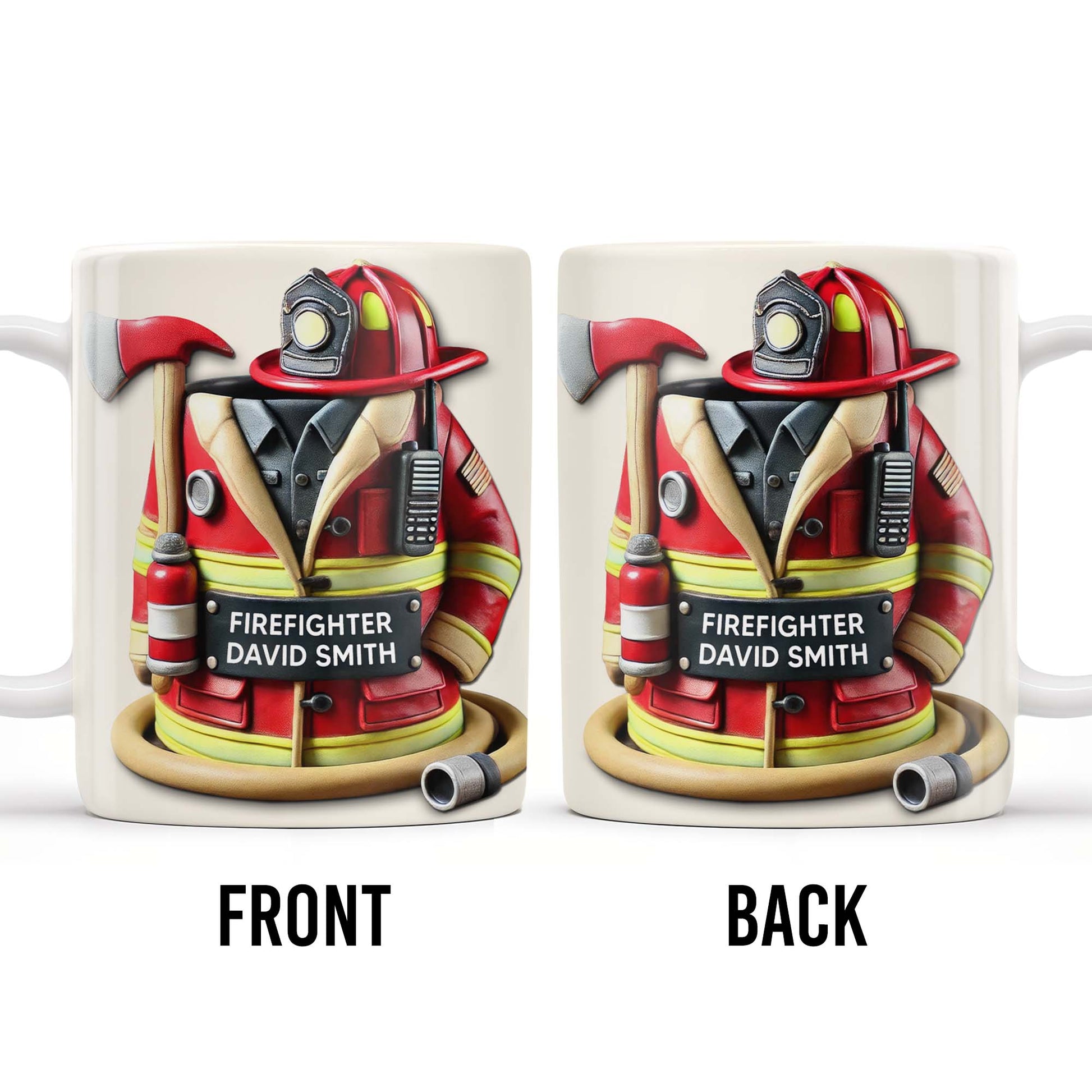 Personalized firefighter coffee mug featuring red turnout gear, helmet, and custom nameplate for David Smith image 6