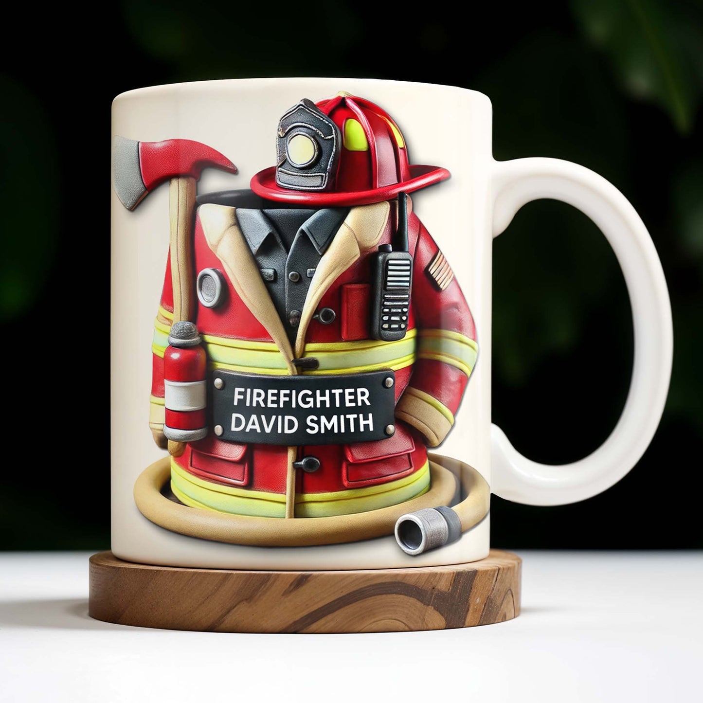 Personalized firefighter coffee mug featuring red turnout gear, helmet, and custom nameplate for David Smith image 7