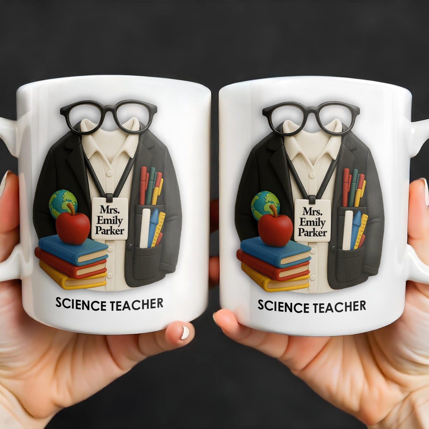 Personalized Teacher Coffee Mug - Featuring Glasses, Books, Apple, Markers & Lab Coat
