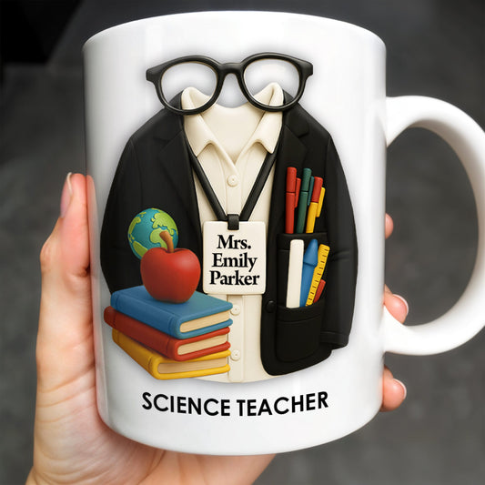 Personalized Teacher Coffee Mug - Featuring Glasses, Books, Apple, Markers & Lab Coat