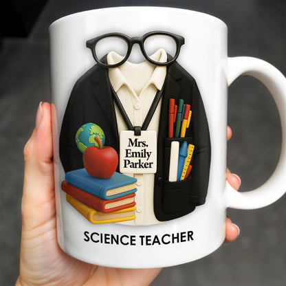 Personalized Teacher Coffee Mug - Featuring Glasses, Books, Apple, Markers & Lab Coat