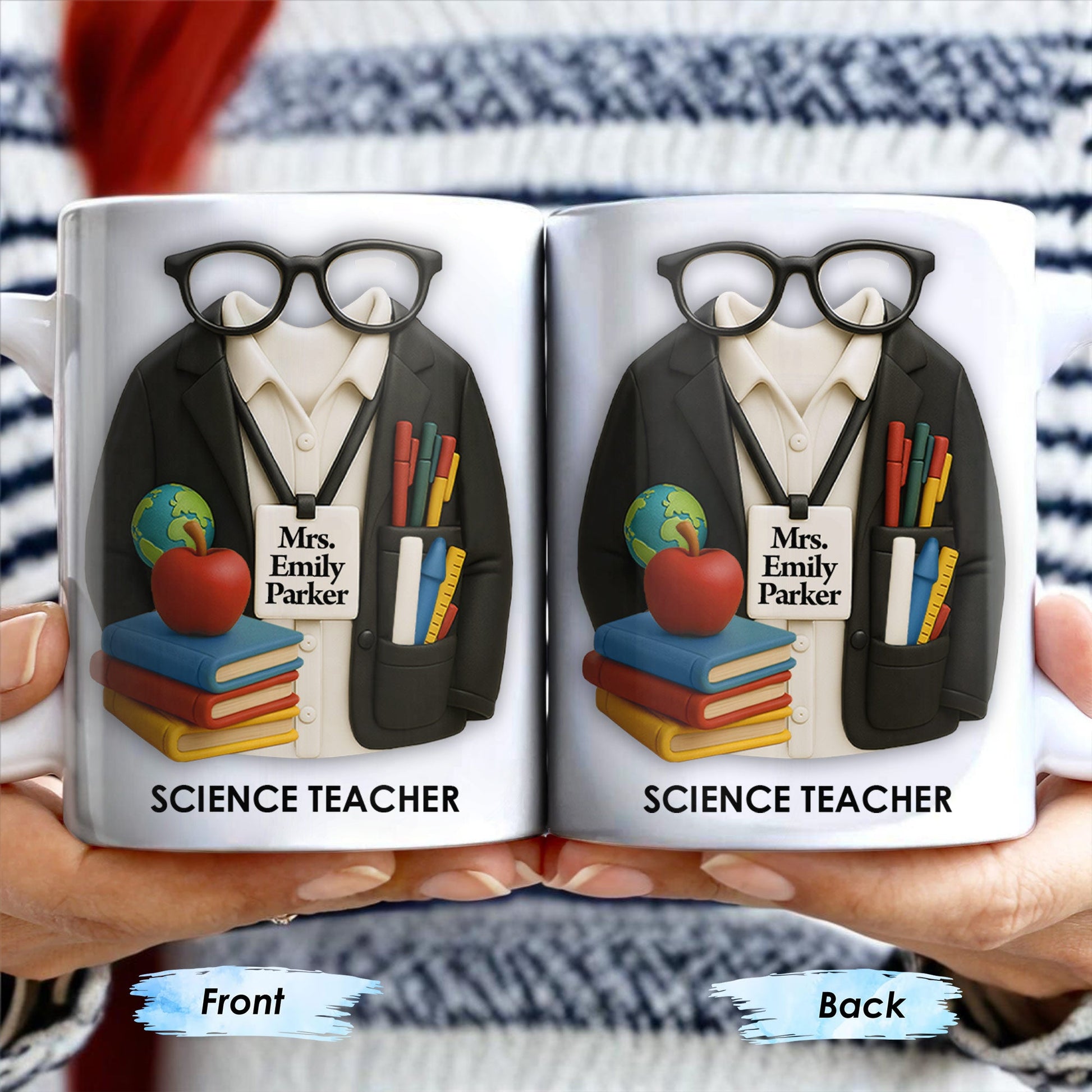 Personalized Teacher Coffee Mug - Featuring Glasses, Books, Apple, Markers & Lab Coat