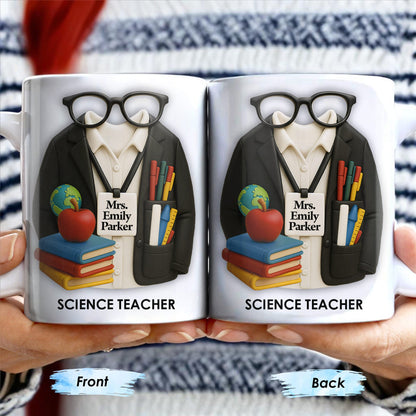 Personalized Teacher Coffee Mug - Featuring Glasses, Books, Apple, Markers & Lab Coat